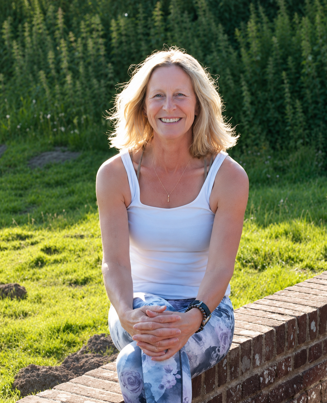 A woman with blonde hair and a white tank top smiling, sitting on a brick ledge outdoors with green grass and trees in the background.