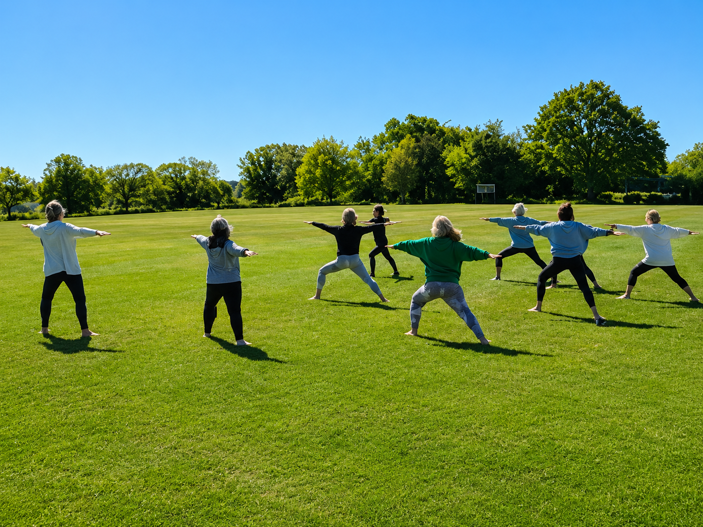 Group of people practicing yoga outdoors on a grassy field under a clear blue sky.
