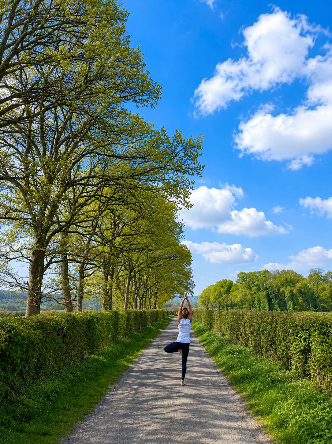 A person practicing yoga on a rural dirt road lined with trees and green bushes on a sunny day with a blue sky and scattered white clouds.
