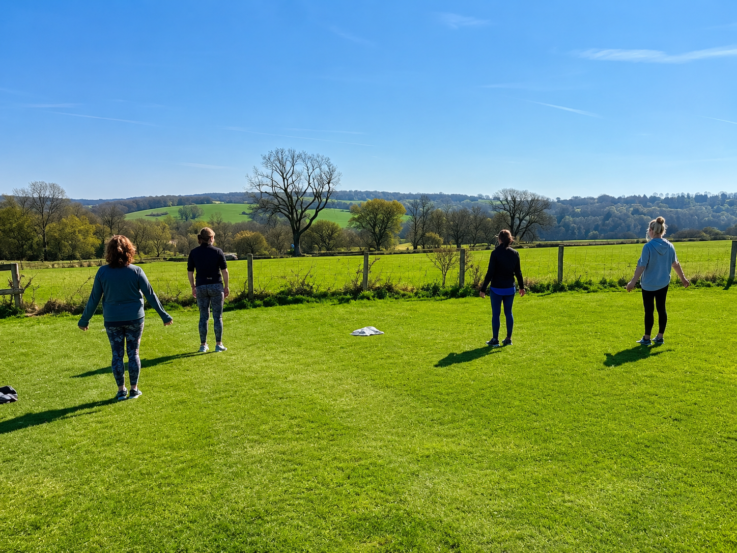 Four women practicing social distancing outdoors in a grassy field with a scenic landscape of rolling hills and trees under a blue sky.