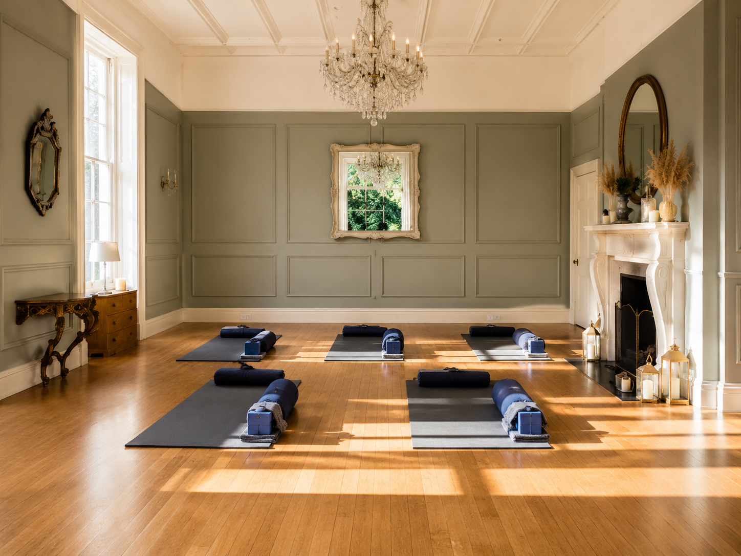 A spacious, elegant yoga or meditation room with six mats aligned on a wooden floor, each equipped with blocks, straps, and bolsters, natural light streaming through large windows, a chandelier hanging from the ceiling, a mirror on the wall, and a fireplace decorated with vases, dried grasses, candles, and lanterns.