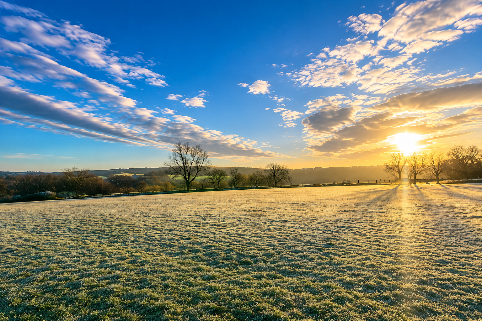 Sunset over a frosty field with leafless trees and a partly cloudy sky.