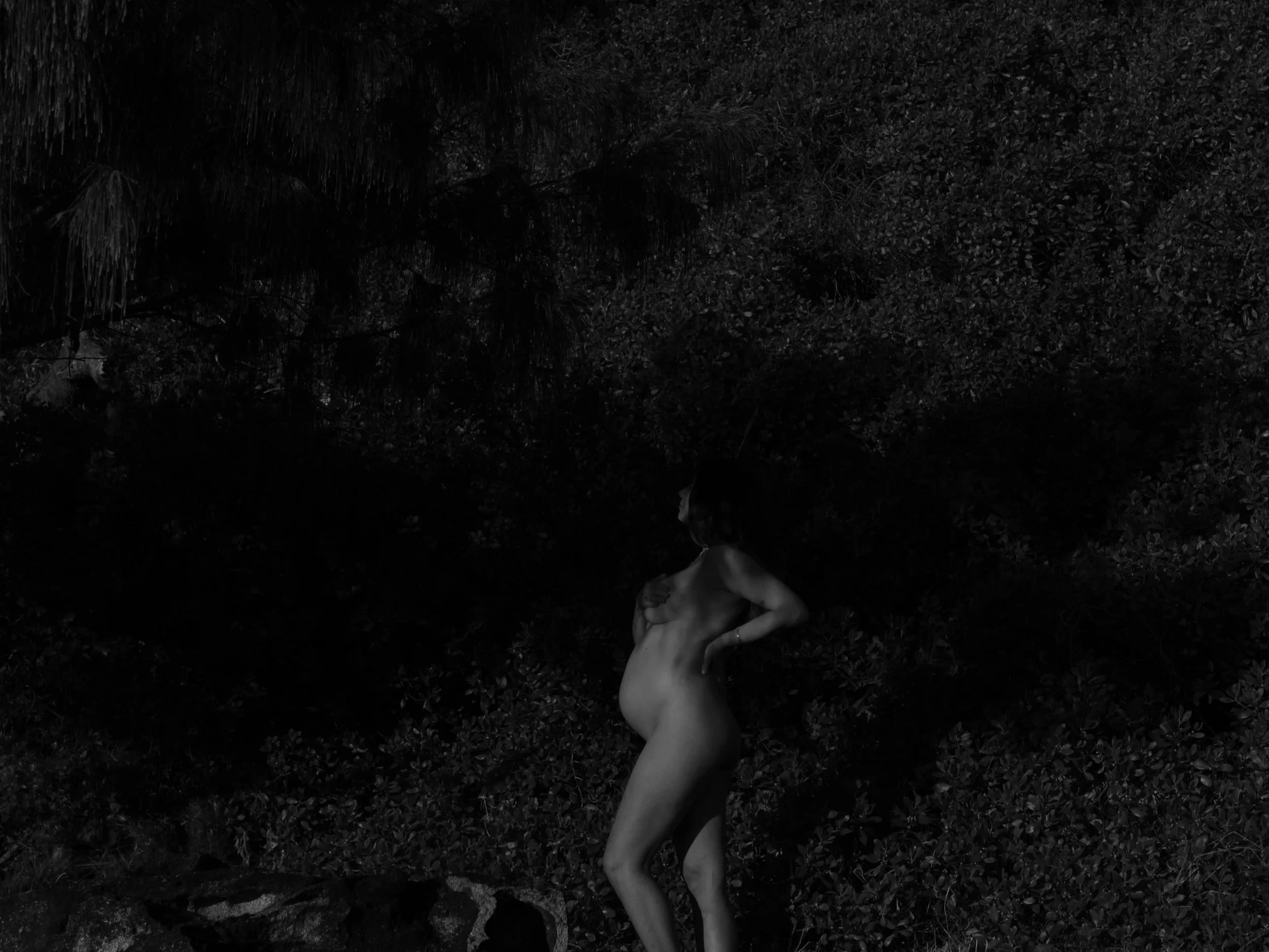 Black and white photo of a nude woman standing in nature with trees and bushes in the background.
