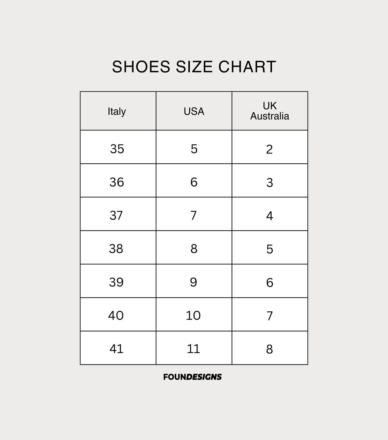 Women's shoe size conversion chart for Italian, French, US, and UK sizes.