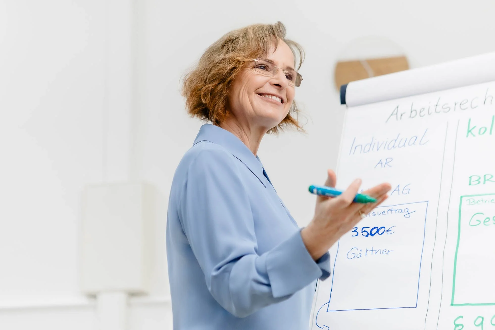 Eine lachende Frau mit Brille und blauer Bluse, die vor einer Flipchart-Tafel steht.