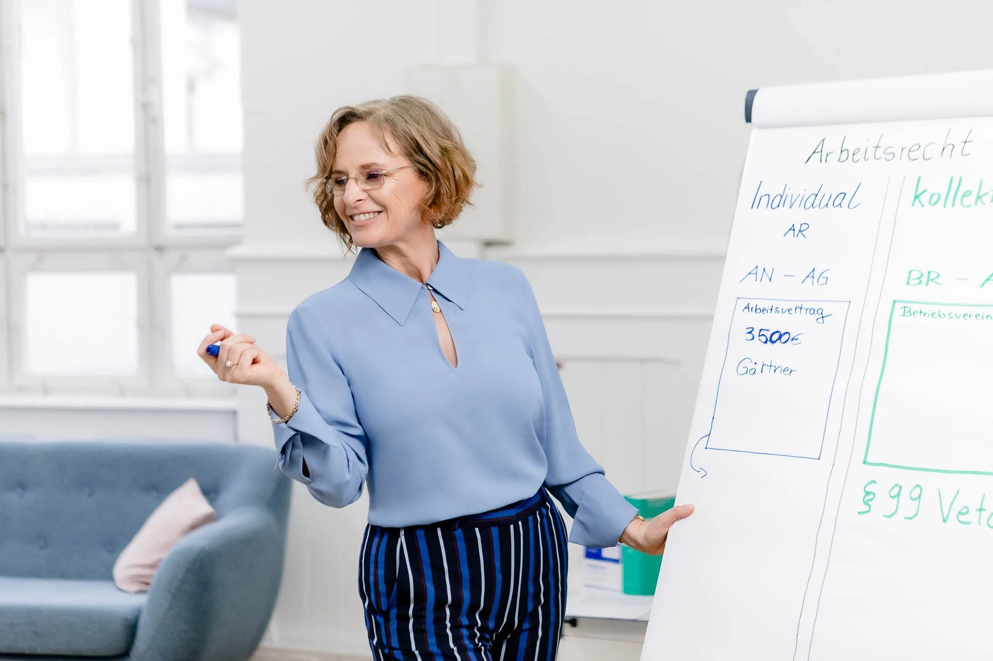 Eine Frau mit kurzen, lockigen, braunen Haaren, die eine moderne, hellblaue Bluse und dunkelblau-gestreifte Hosen trägt, steht vor einem Whiteboard, auf dem in deutscher Sprache Arbeitsrecht erklärt wird.