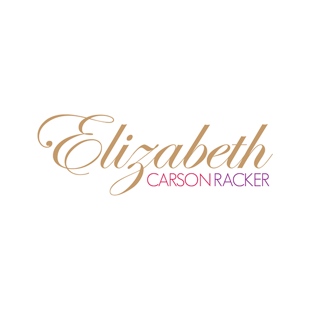 Logo with the name Elizabeth Carson Racker in elegant script and block fonts on a black background.