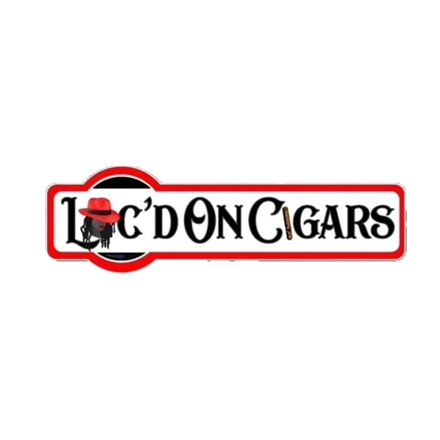 Logo for L'Don Cigars featuring a black background, a red and white rectangular banner with the text 'L'Don Cigars', and a small illustrated woman with dark hair, wearing a red hat and black dress, on the left side of the banner.