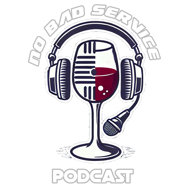 Logo of a podcast with a microphone that appears to have a wine glass inside, wearing headphones, with the text 'No Bad Service Podcast' arched above and below it.