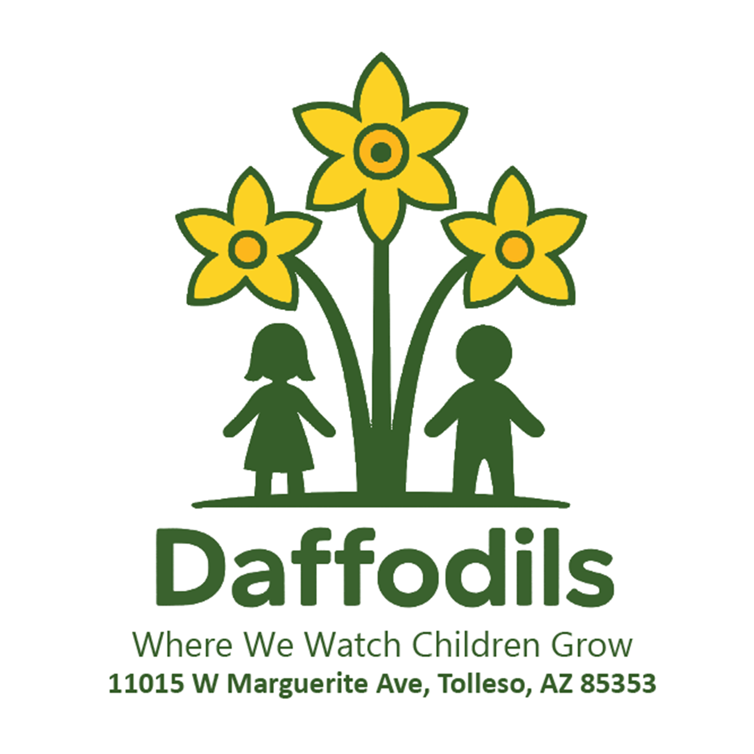 Logo for Daffodils childcare center featuring three yellow daffodil flowers with green stems, two children figure outlines (a girl and a boy), and the text "Daffodils" below the flowers. Additional text reads "Where We Watch Children Grow" and "11015