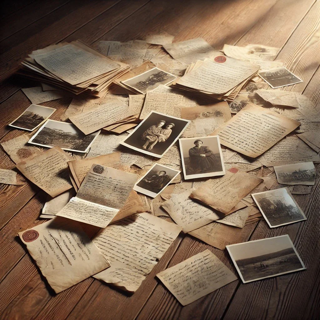 Scattered old letters, photographs, and documents on a wooden floor, illuminated by sunlight.