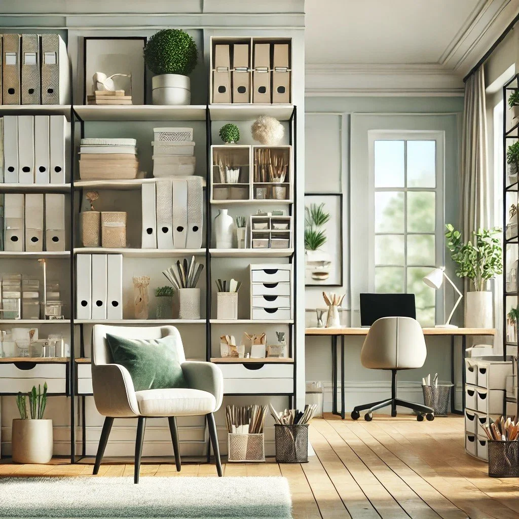 Home office with bookshelf filled with binders and decor, armchair with green pillow, desk with office chair, and large window with curtains, filled with natural light.