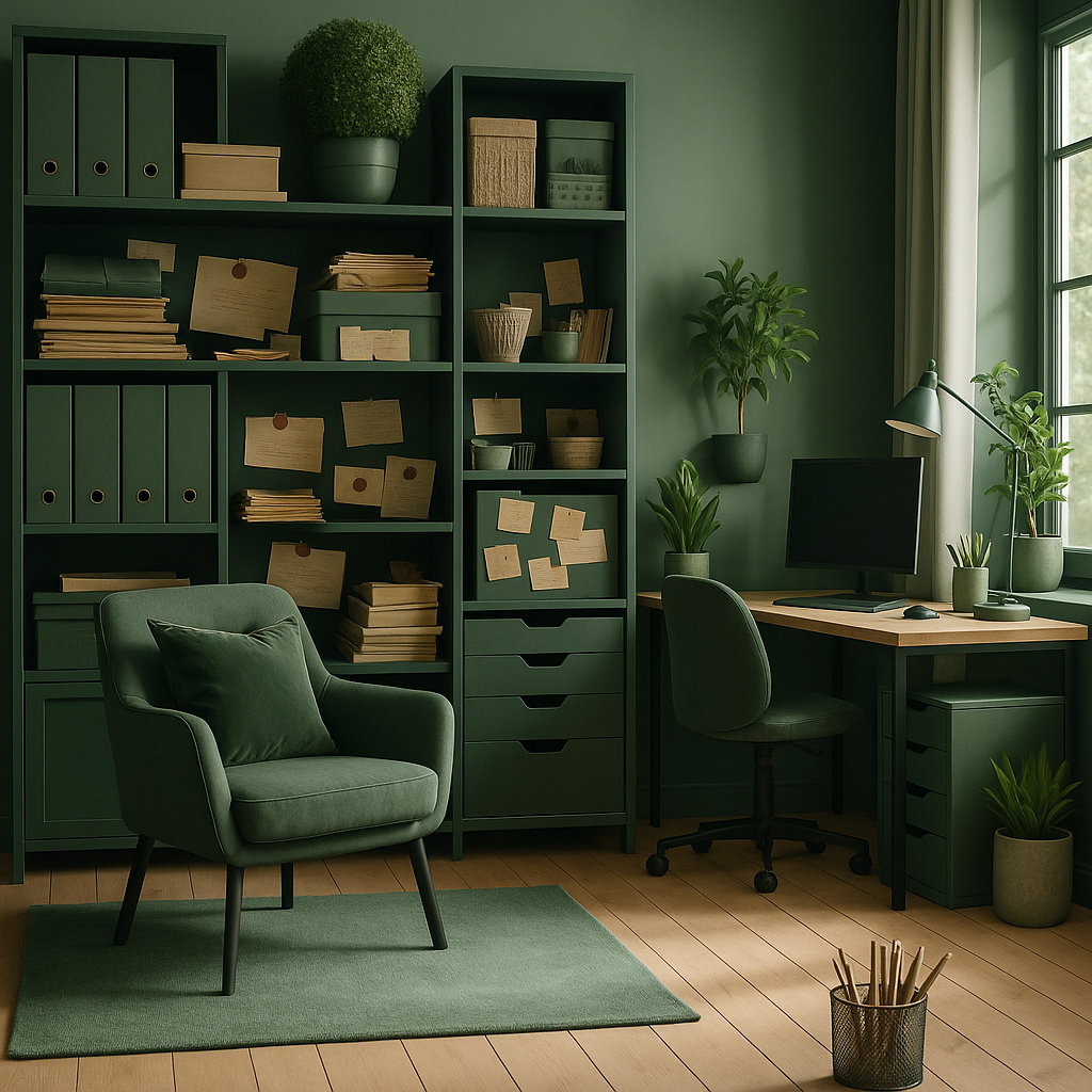 A green-themed home office with bookshelves filled with documents, plants on the desk and wall, a desk chair, computer monitor, and a green armchair with a pillow, near a window with curtains and a small green rug on wooden floor.