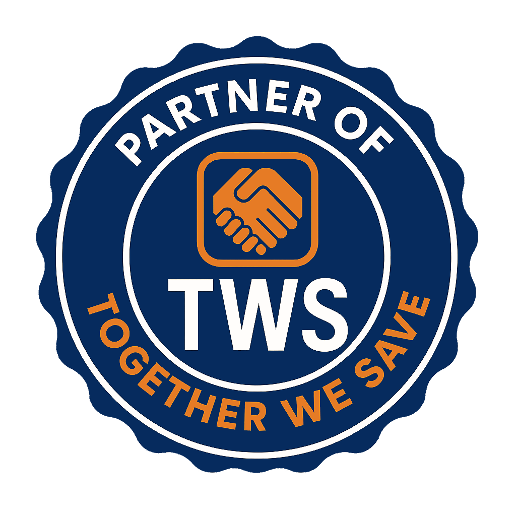 A circular badge with a blue background and white inscription that reads "Partner of TWS" and orange text that says "Together We Save". In the center, there is an icon of two hands shaking.
