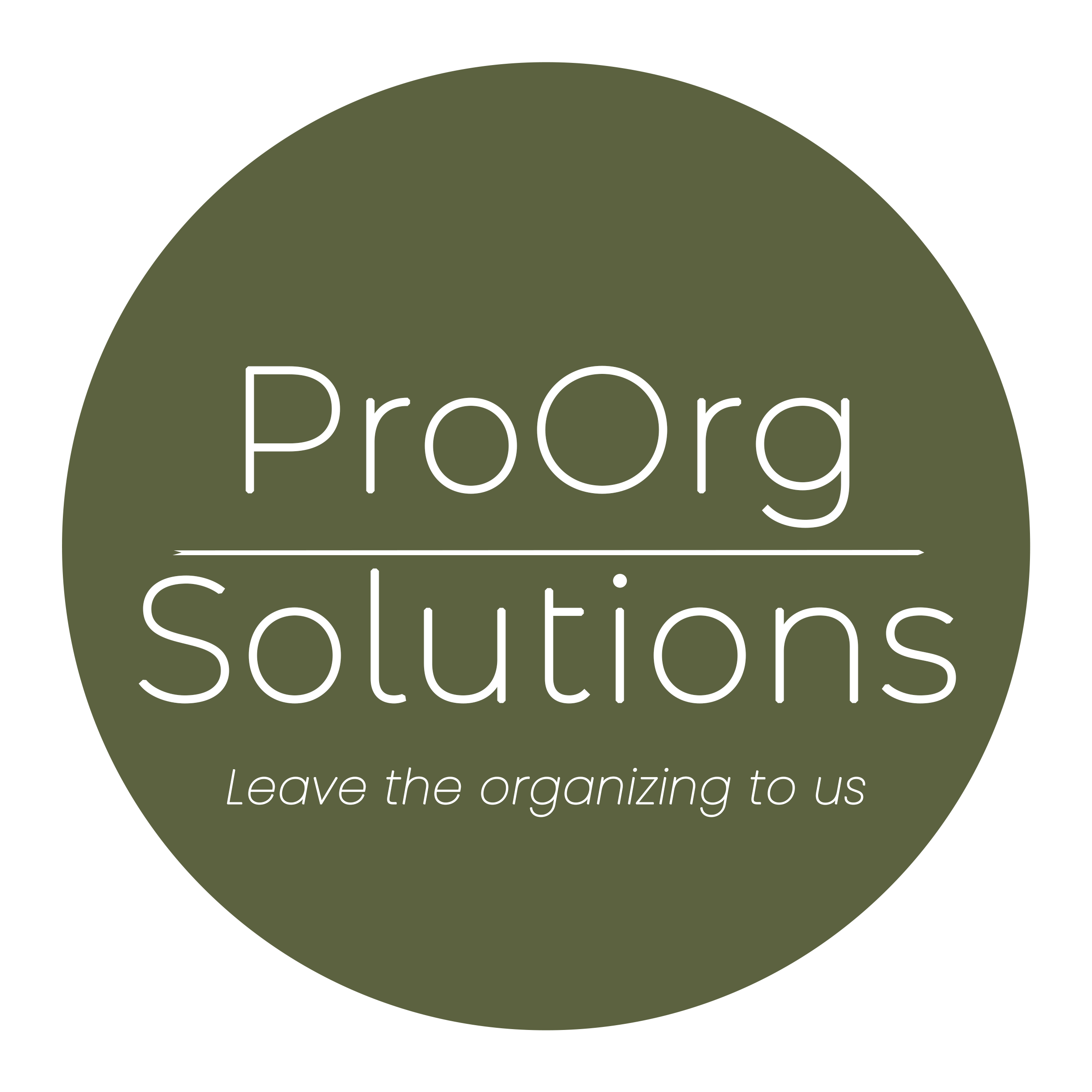 Green circular label with white text that reads 'ProOrg Solutions' and smaller text at the bottom that says 'leave the organizing to us.'