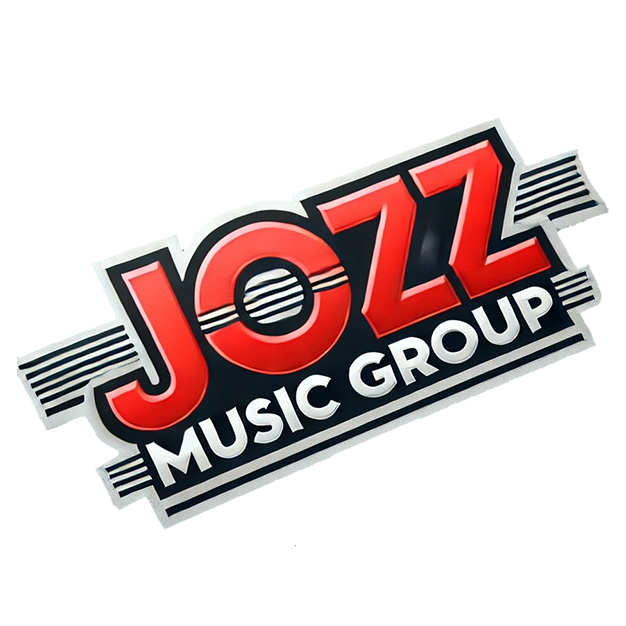 Logo of JOZ Music Group with bold red and white text and black and white musical stripes