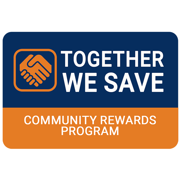 Graphic with handshake icon, text 'Together We Save,' and banner 'Community Rewards Program' in blue, orange, and white colors.