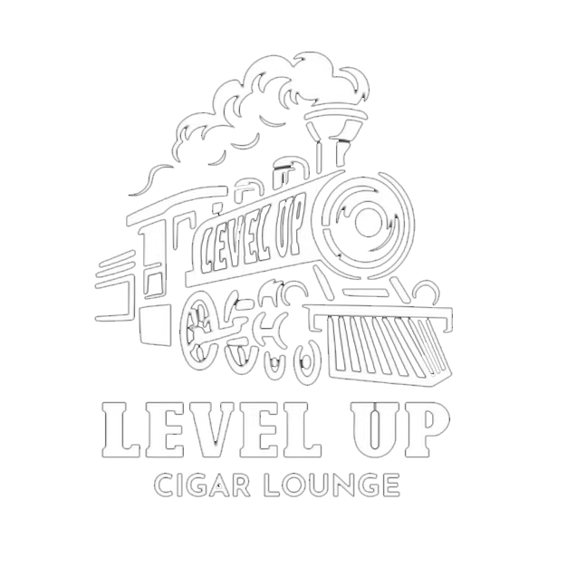 Black and white logo of a steam train with smoke, the train has the words 'Level Up' on its side, and the logo includes the phrase 'Level Up Cigar Lounge'.