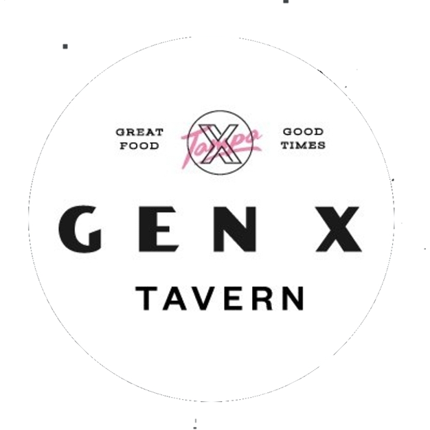 Logo for GEN X Tavern with the words Great Food and Good Times and a central circular design featuring 'Tav X'.