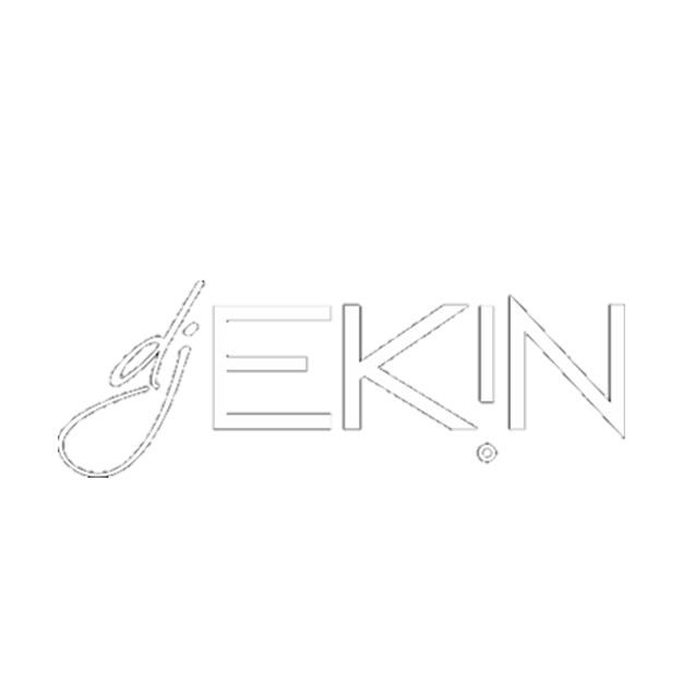 A logo with the text 'dj EKIN' in white on a black background, featuring a cursive font for 'dj' and a bold, modern font for 'EKIN'.