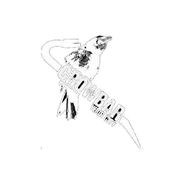 Black and white graphic featuring a bird with a a wrench in its beak, and the text 'CROWBAR' and 'YBOR CITY'.
