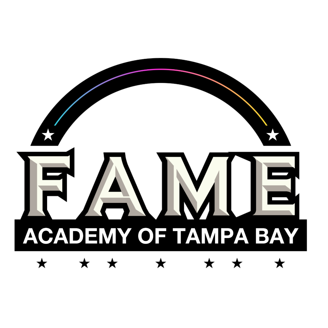 FAME Academy of Tampa Bay logo with a black design, featuring a rainbow arc and stars.