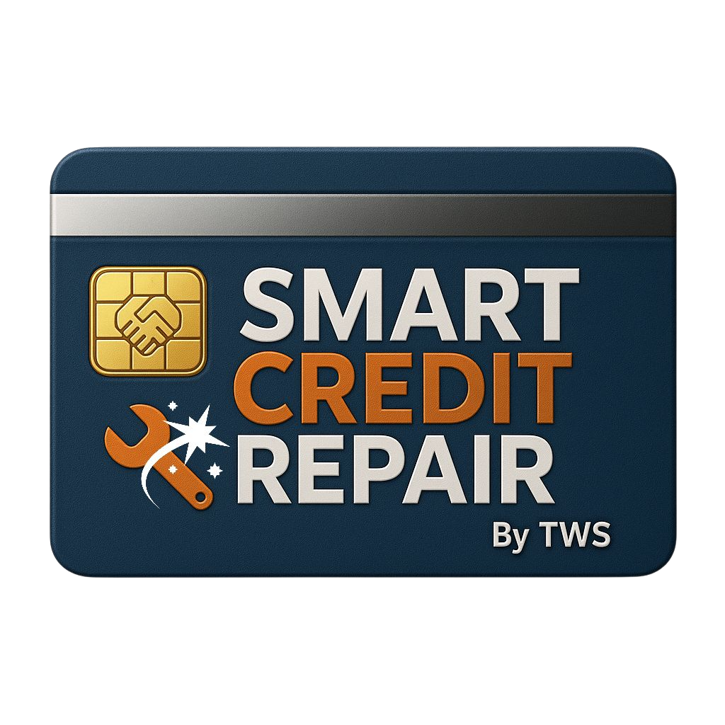 Logo for Smart Credit Repair by TWS, featuring a handshake icon and a wrench with sparkles on a dark blue credit card image.