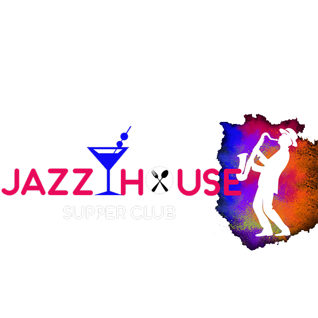 Logo for a jazz nightclub featuring a martini glass, cutlery symbol, and a silhouette of a saxophonist with colorful paint splashes.