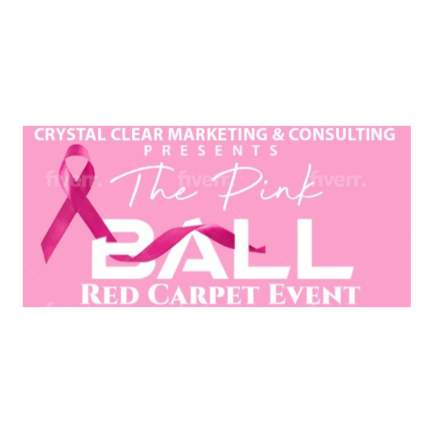 Pink promotional banner for the Pink Ball, a red carpet event, hosted by Crystal Clear Marketing & Consulting, featuring a pink ribbon and pink text.
