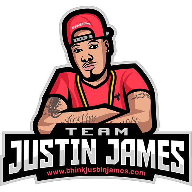 Graphic cartoon of a young man wearing a red cap backwards and a red shirt with arms crossed, featuring tattoos. Text promotes Team Justin James with a website link.