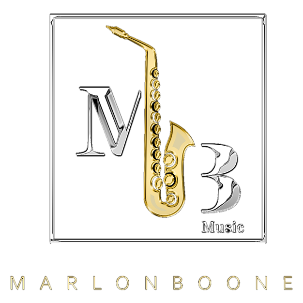 Logo featuring a black and blue background with a gold saxophone and the letters MV and B, with the word Music and the name Marlon Boone at the bottom.