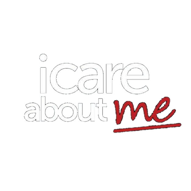 Text reading 'i care about me' with 'i care about' in white and 'me' in red, against a black background.