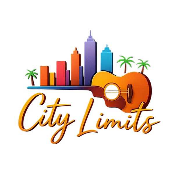 Colorful graphic of a city skyline, palm trees, and a guitar with the words 'City Limits' in cursive font.
