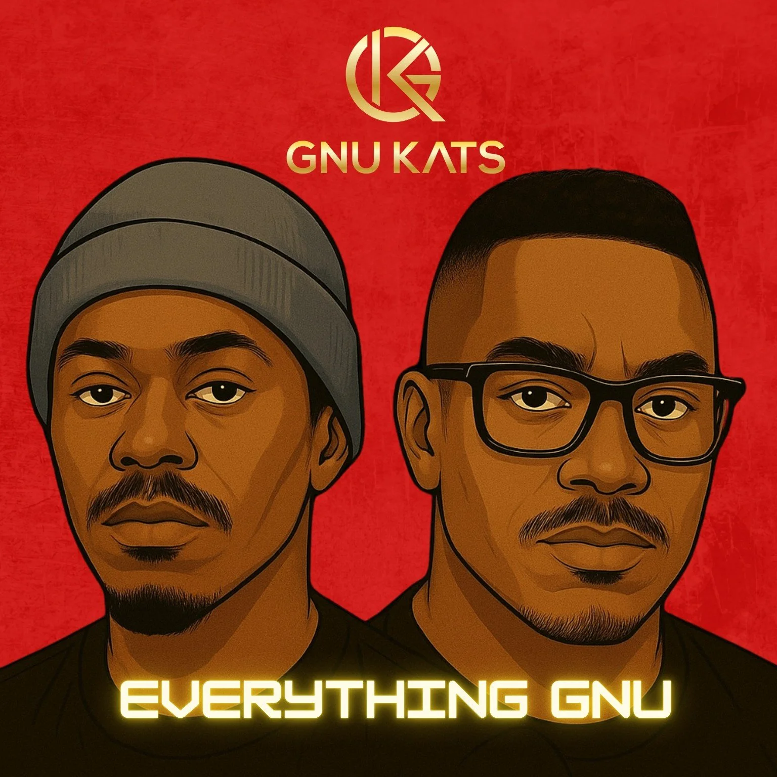 An illustrated poster featuring two men with serious expressions against a red background, with the text "Gnu Katsu" above them and "Everything Gnu" below.