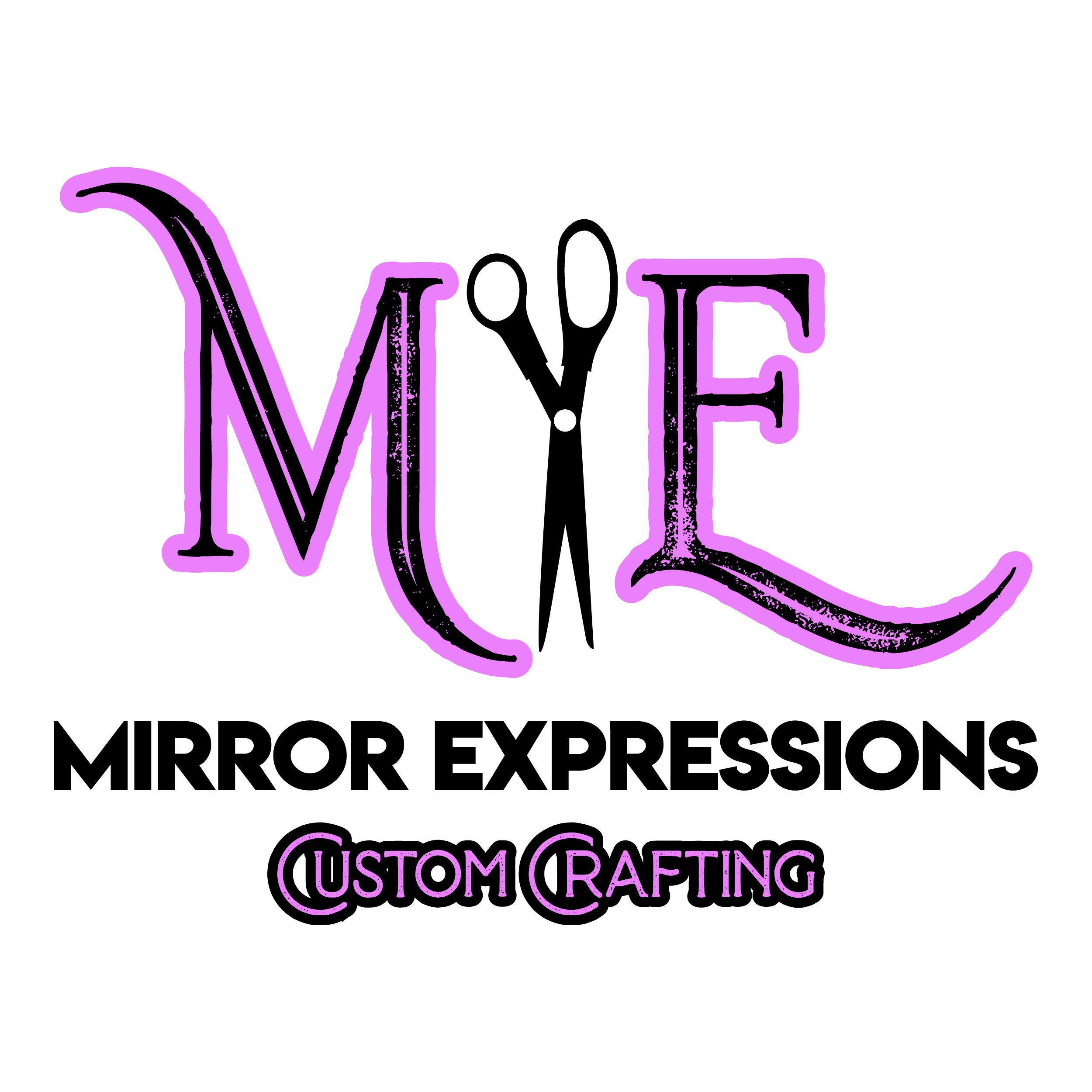 Logo for Mirror Expressions. Neon sign with the letters 'ME' in purple and the words 'Custom Crafting' underneath on a black background.