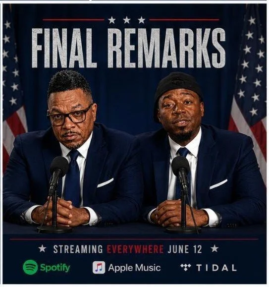 Two men in suits and glasses sitting at a table with microphones, in front of a backdrop with American flags and the text 'Final Remarks'. They are announcing a streaming event on June 12th via Spotify, Apple Music, and Tidal.
