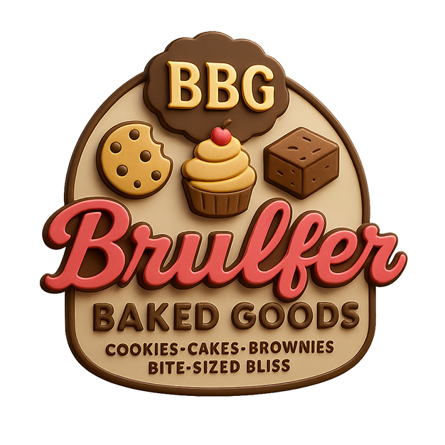 Cookie, cupcake, brownie, and a cookie with the text 'BBG', 'Bruller', and 'Baked Goods' on a decorative plaque.