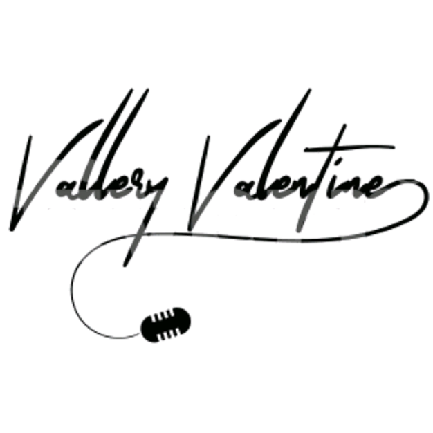 Valley Valentine logo with stylized script font and a microphone icon.