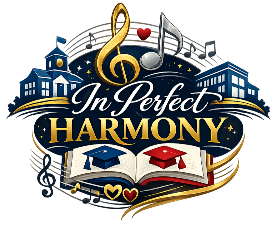 The logo for 'In Perfect Harmony' features a dark background with musical notes, a red heart, and a gold treble clef. It includes an open book with a blue and red graduation cap on each page, and stylized buildings and houses. The title is prominently displayed in elegant script and bold lettering, with musical and academic symbols surrounding it.