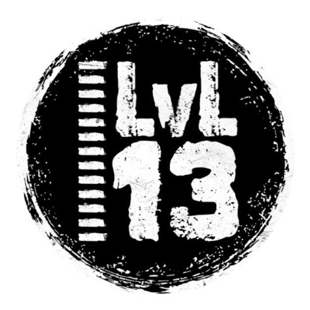 Black and white circular stamp with the text 'Elvl 13' in the center and upward streaks on the left side.