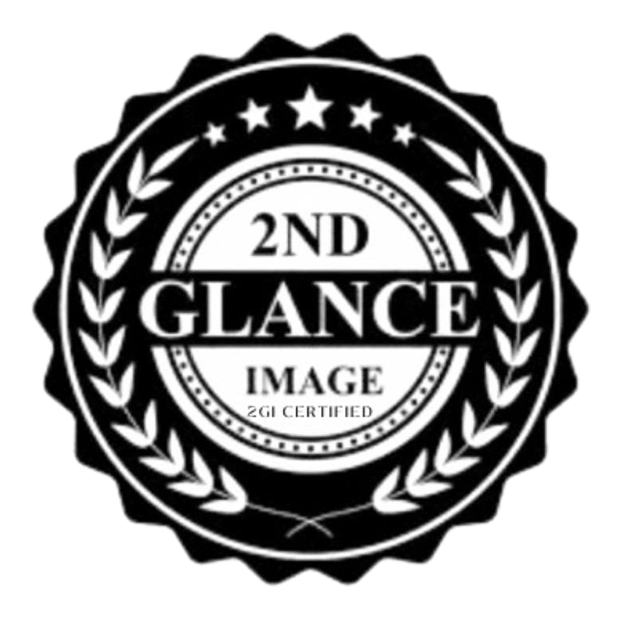 A black and white circular badge with the text '2ND GLANCE IMAGE 2GI CERTIFIED' surrounded by stars and laurel branches.