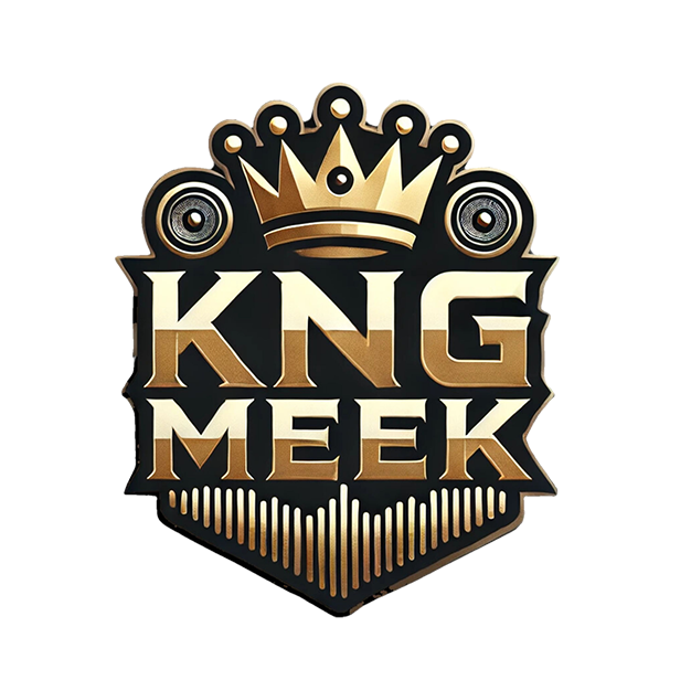 Logo with a crown and speakers above the text 'KING MEEK' in gold and white letters on a dark background.
