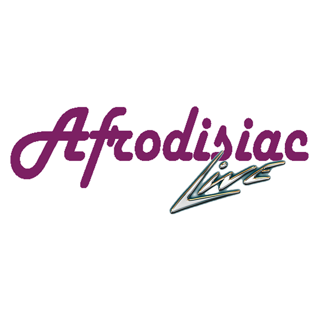 A logo with the words 'Aflodisiac Live' in purple and a stylized silver text below the primary text.