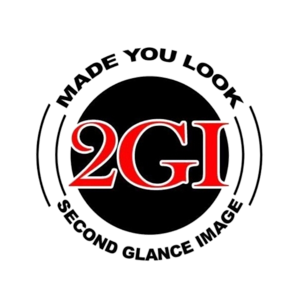 Black circular badge with red and white text saying "2GI" in the center, surrounded by the words "Made You Look" at the top and "Second Glance Image" at the bottom.