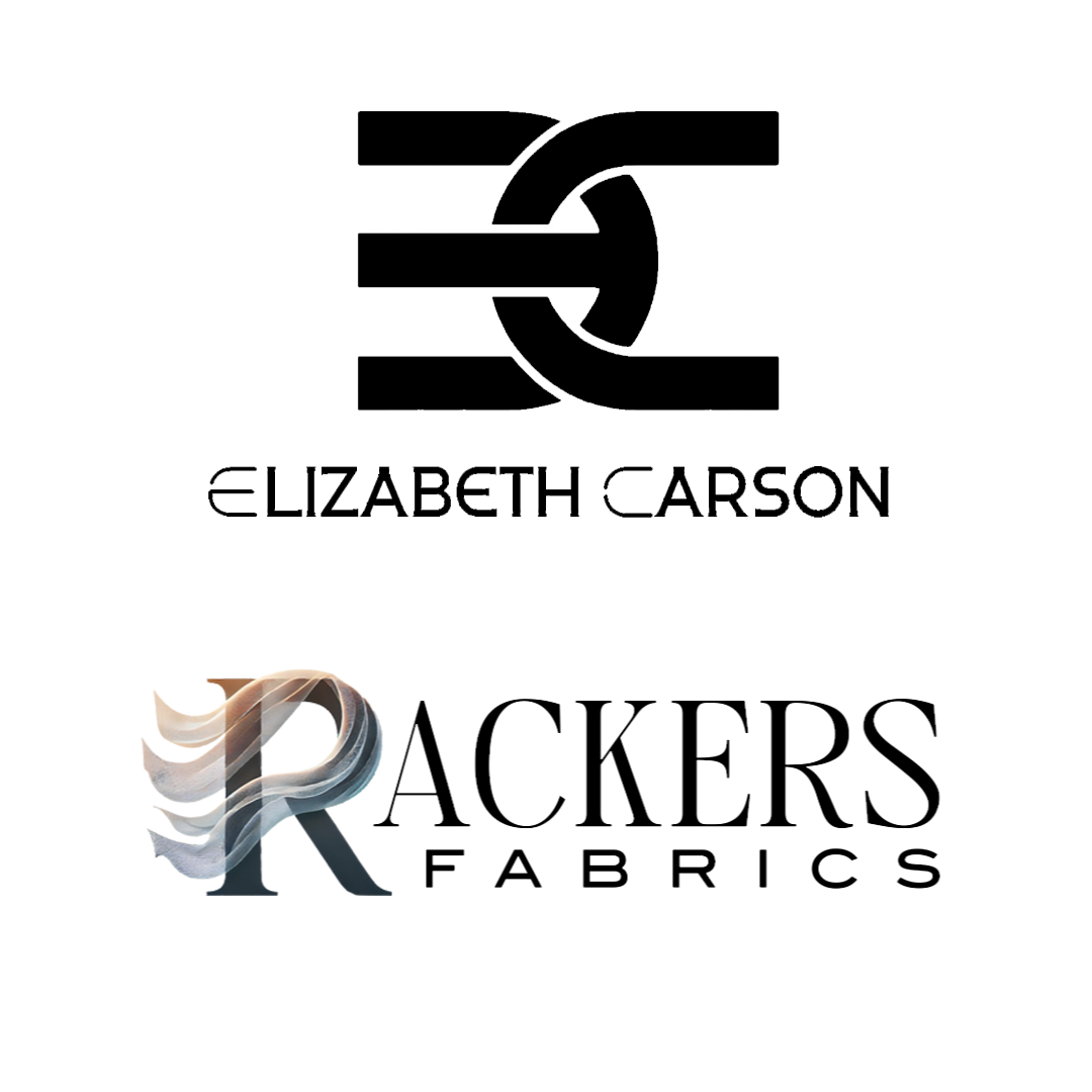 Elizabeth Carson & Rackers Fabric logos with a layered, metallic, and colorful design featuring shades of beige, brown, gray, and white.