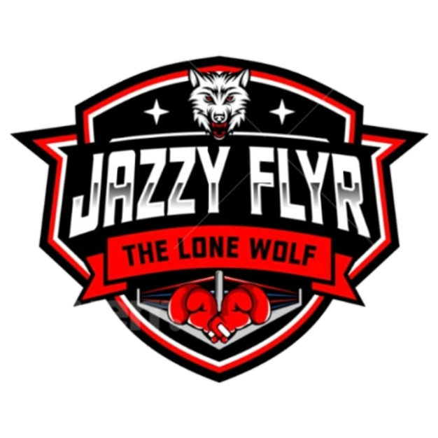 Logo featuring a wolf's head, the text "Jazzy Flyer," and a red banner with "The Lone Wolf," with boxing gloves and a sword underneath.