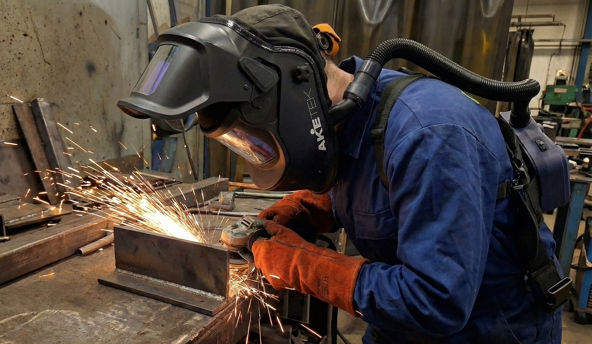 Aketek Lift-Up AIR system on a welder that is currently grinding.