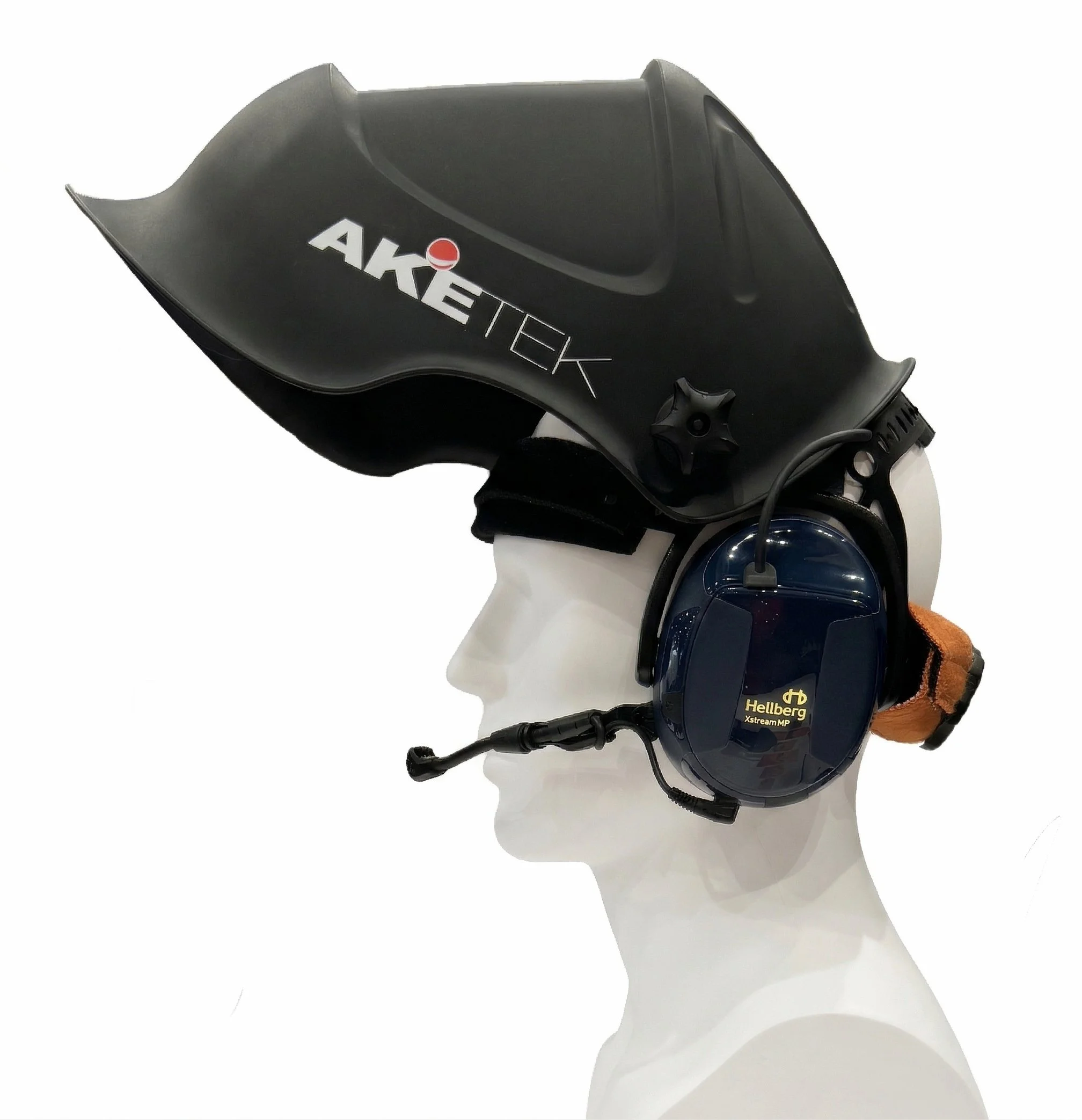 Aketek AUDIO showcasing compatability with hearing protectors, Hellberg Xstream