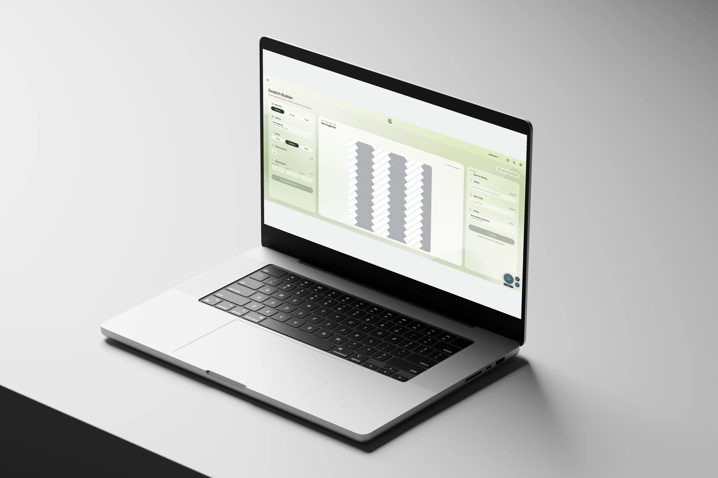 Angled MacBook Pro showing Lenscore Swatch Builder, herringbone pattern setup and export controls.