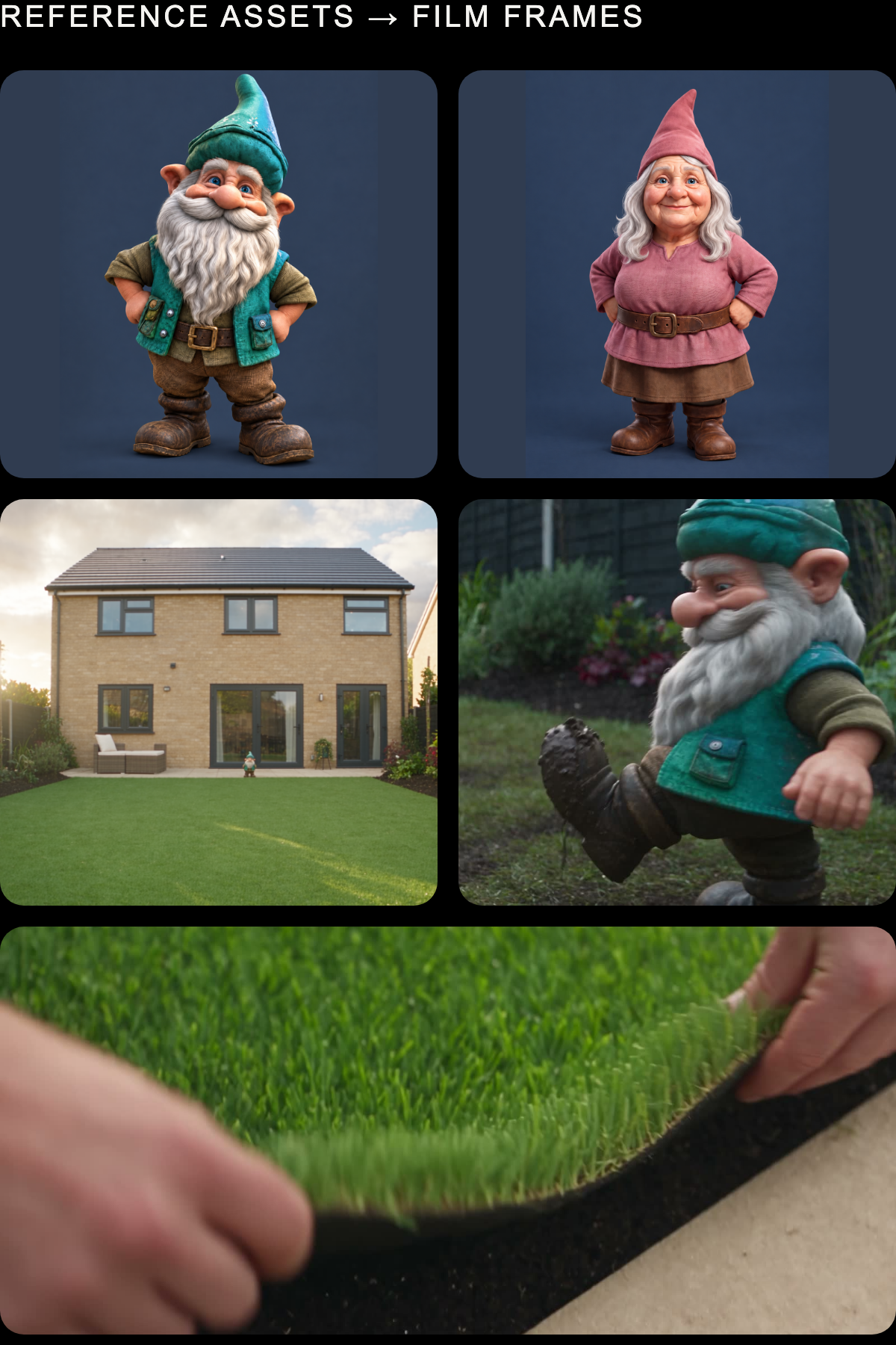 Reference assets and film frames: two gnome characters, the house and garden, an action shot and turf detail.